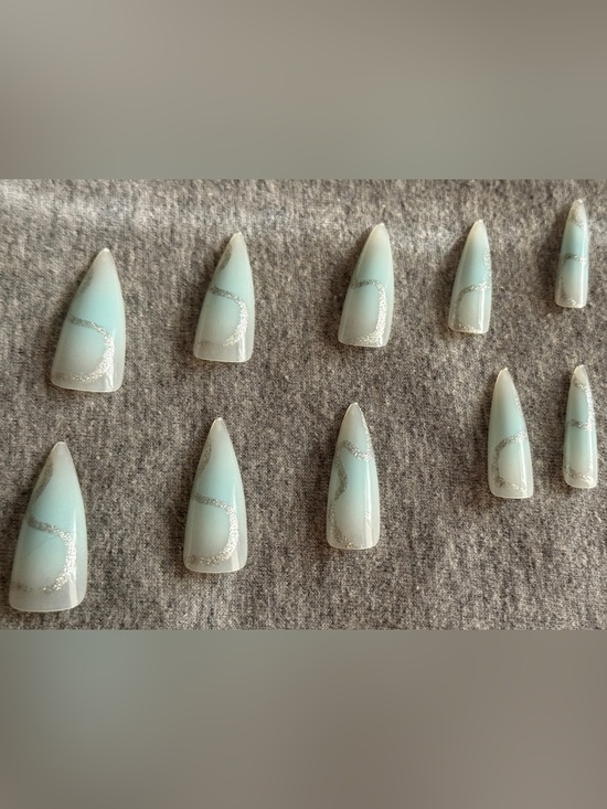 Other - Stiletto Press-On Nails — Mint Green with Silver Glitter Swirl